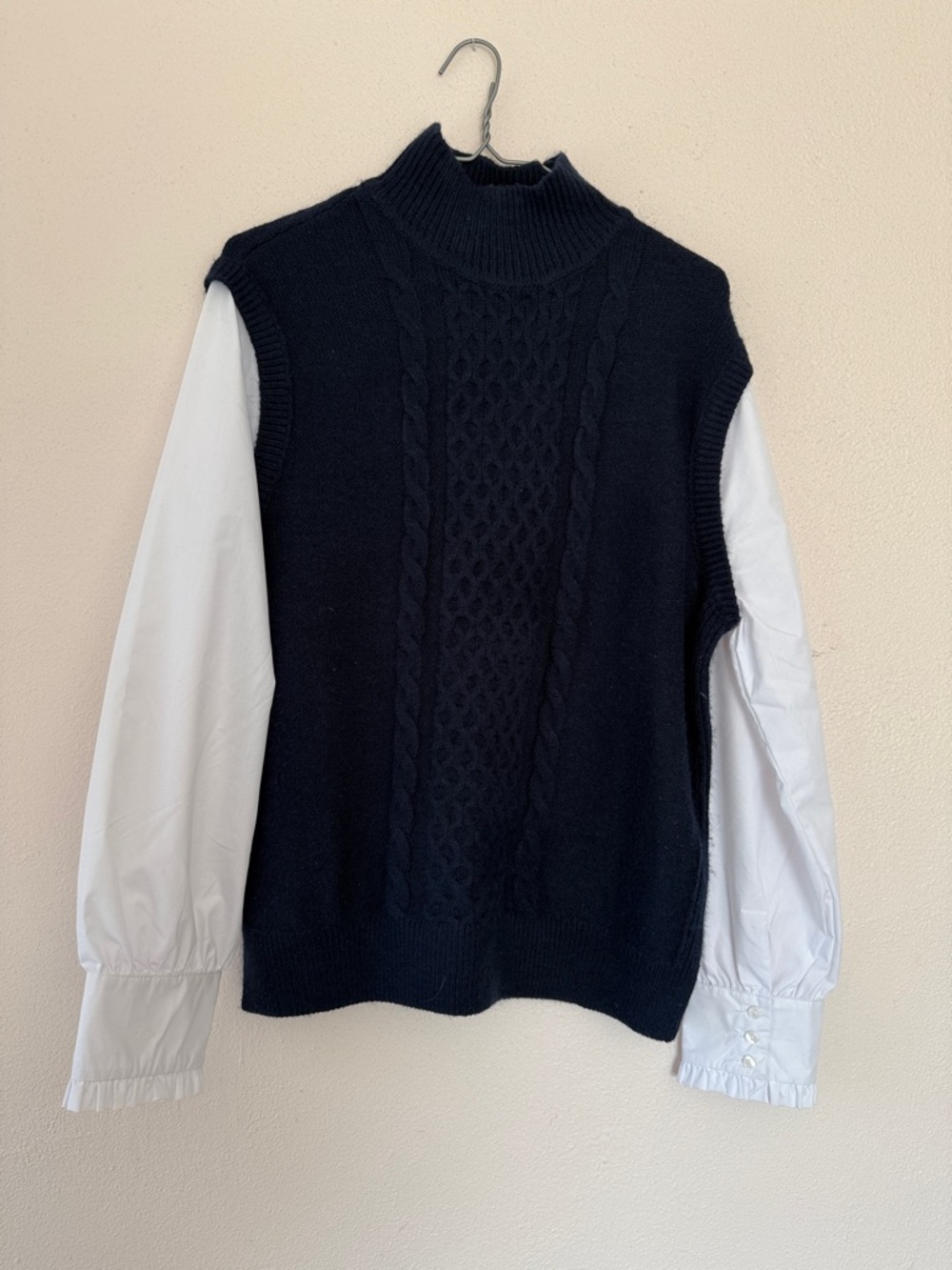 LOFT Navy Cable-Knit Sleeveless Sweater Vest w/ White Blouse Sleeves, women’s